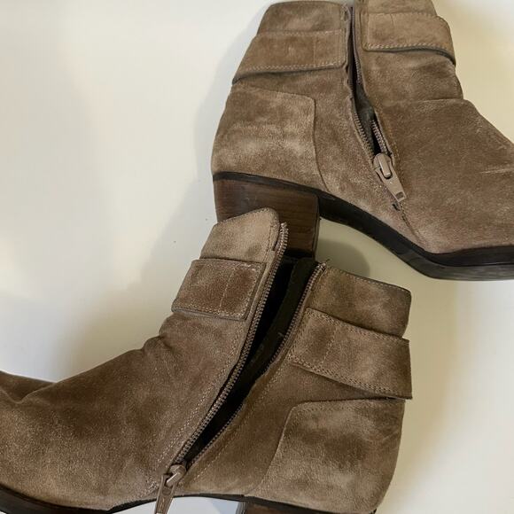 PAUL GREEN Booties Tan Suede Heeled Ankle Buckle Strap Moto - Picture 8 of 14